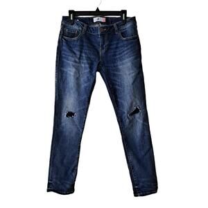 Cabi Dark Wash Distressed Patchwork Slim Boyfriend Jeans- Size 4